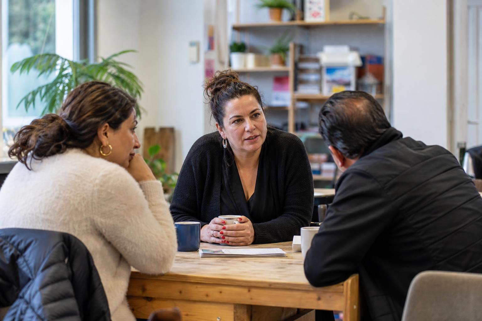 Welzijnswerker in gesprek met bewoners aan een tafel in een buurthuis